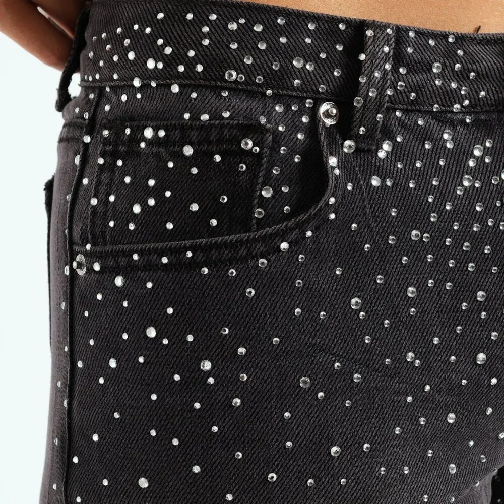 New! Forever 21 Rhinestone Low Rise Baggy Jeans Black Denim Size 30 Pants - Picture 2 of 4